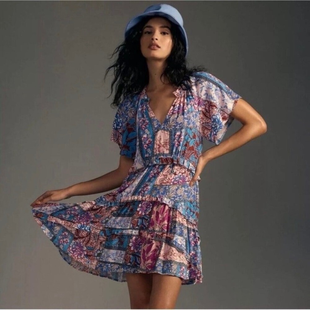 Anthropologie Robin mauve tiered ruffle floral‎ patchwork dress. Size Lp